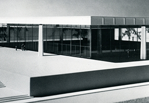 In 1957 Ludwig Mies van der Rohe was commissioned to design the Bacardi administration building in Santiago de Cuba, seen here in two photographs of the model. Although the building was never built in Cuba due to political instabilities, the design for the monumental glass  and concrete pavilion emphasized the universality, transparency, and order  that Jose “Pepin” Bosch, the firm’s third president, wanted for his headquarters. HEDRICH BLESSING PHOTO/CHICAGO HISTORY MUSEUM
