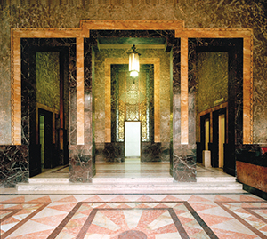 Like the ornate polychromatic facade, the interior of the Edificio Bacardi utilizes multicolored marble designs.
