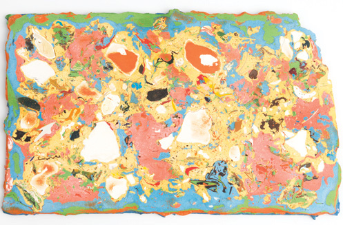Parker’s painting Pizza, 2013, is oil-based paint compound with additional embedded materials and scraps. |COURTESY DAMON CRAIN