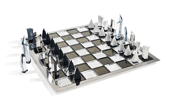 Daniel Libeskind’s Architecture & The City chess set for Atelier Swarovski Home, in concrete, marble, silver, and Swarovski crystal. | COURTESY SWAROVSKI