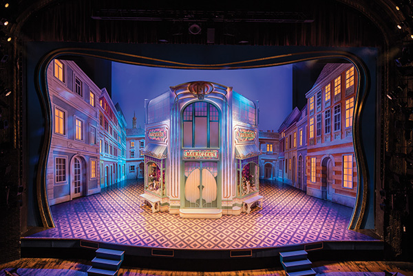 Rockwell’s Tony Award– winning set for She Loves Me is built around a “jewelbox” art nouveau-style perfumery that transforms from a closed exterior to a detailed, two-story interior with balcony, spiral staircase, and vitrines of perfume bottles. | PAUL WARCHOL PHOTO