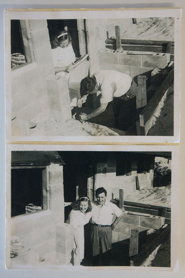 Two photographs of Mabel and Victor D’Amico during construction of their house in Lazy Point, Long Island, begun in 1940. Wartime shortages and their own sensibilities motivated the couple to make use of a deserted construction project on the site, as well as materials salvaged from an abandoned building. | COURTESY D’AMICO STUDIO AND ARCHIVE