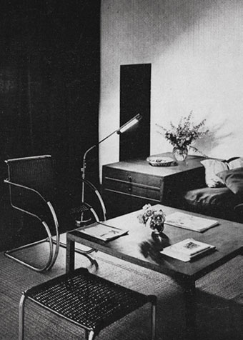 Apartment designed by Ruhtenberg and shared with Johnson at 22 Achenbachstrasse, Berlin, 1930, illustrated in Henry-Russell Hitchcock and Johnson’s The International Style (1932). The wooden chest and table were of Ruhtenberg’s own design. The tubular steel MR chair and stool were designed by Ludwig Mies van der Rohe. 