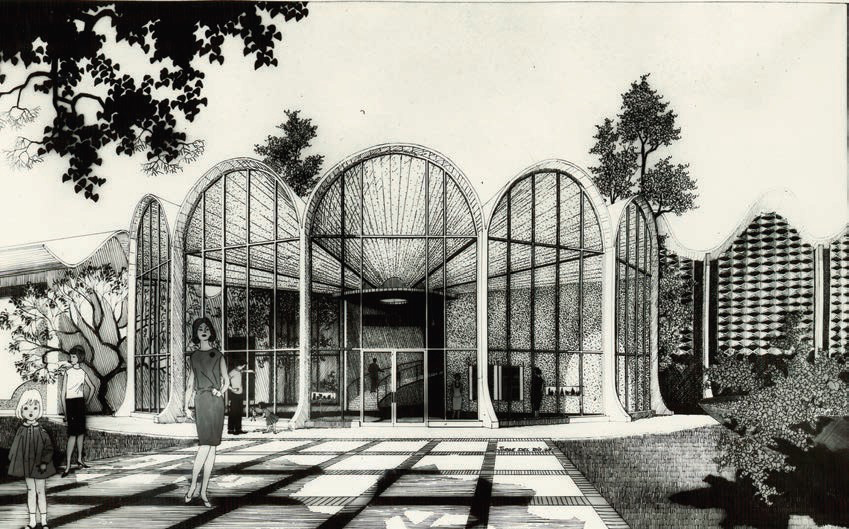 Bacardi Corporation Plant, Foyer Museum and Bottling Plant, Palo Seco, Puerto Rico. Perspective. Miguel Rosich and Ignacio Carerra-Justiz, architects, 1965. Courtesy of The Bacardi Heritage Foundation.