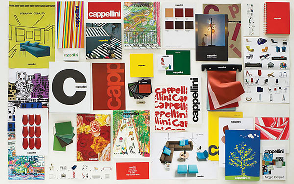 One of Cappellini’s marketing materials, with covers of the company’s catalogues as well as some of its fabric and lacquer swatches. | COURTESY CAPPELINI