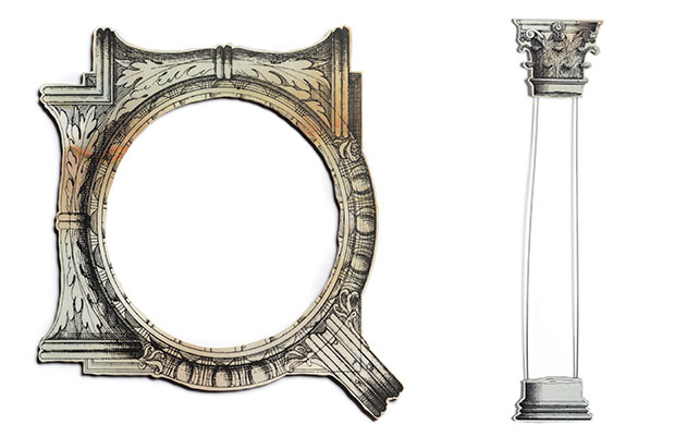 Capital bracelet and Capital brooch, 1983. Screen-printed Formica and screen-printed Formica and stainless steel; bracelet 4¼ inches square, brooch, 9½ by 17/8 inches. | © RUUDT PETERS / ARTISTS RIGHTS SOCIETY (ARS) NEW YORK / BEELDRECHT, AMSTERDAM; LOS ANGELES COUNTY MUSEUM OF ART (LACMA), GIFT OF LOIS AND BOB BOARDMAN; ALL PHOTOS © MUSEUM ASSOCIATES / LACMA