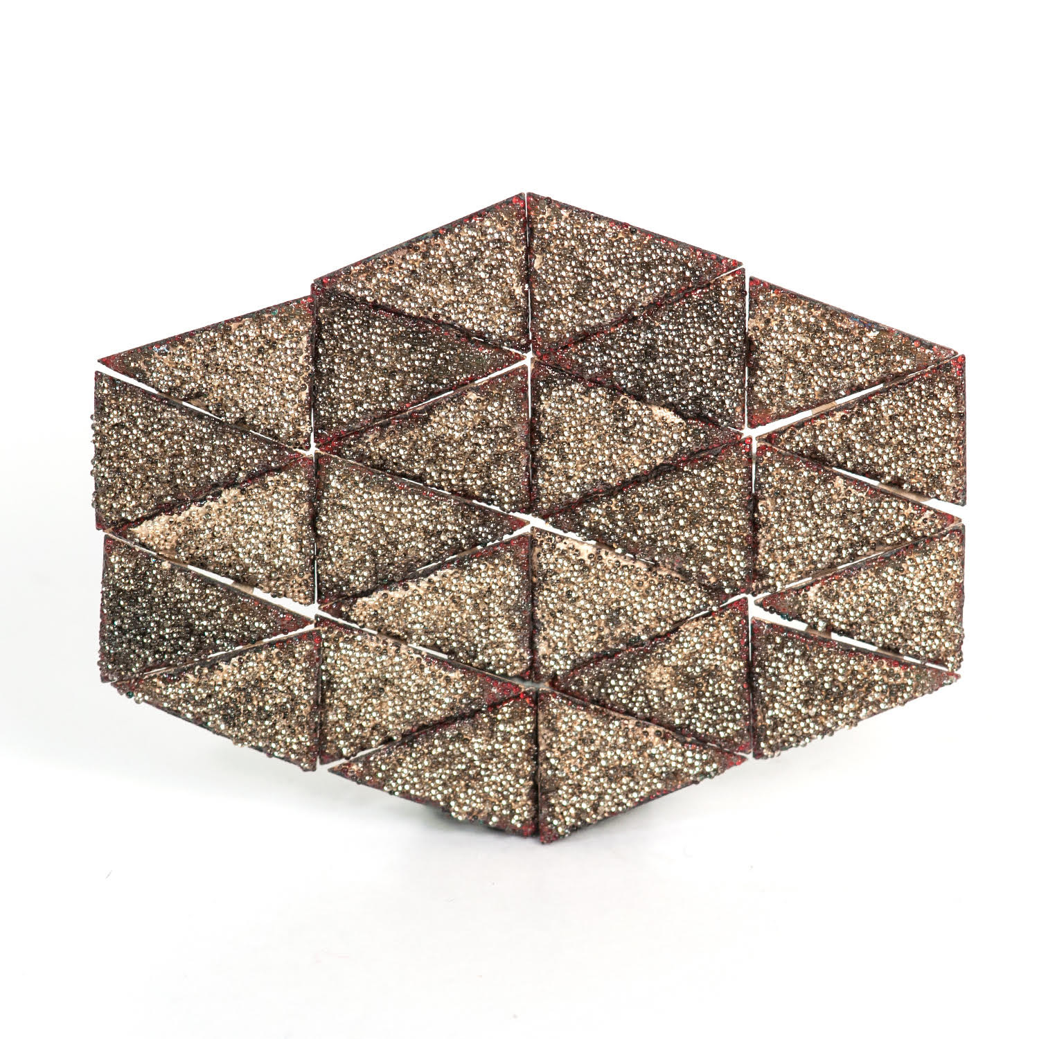 Joan Parcher, <em>Hexagon</em>, Brooch, 2012, Reflective glass and enamel on copper, sterling silver, 3 ¾” x 2 ½” x 7/16”, photo credit: D. Nicole Hills