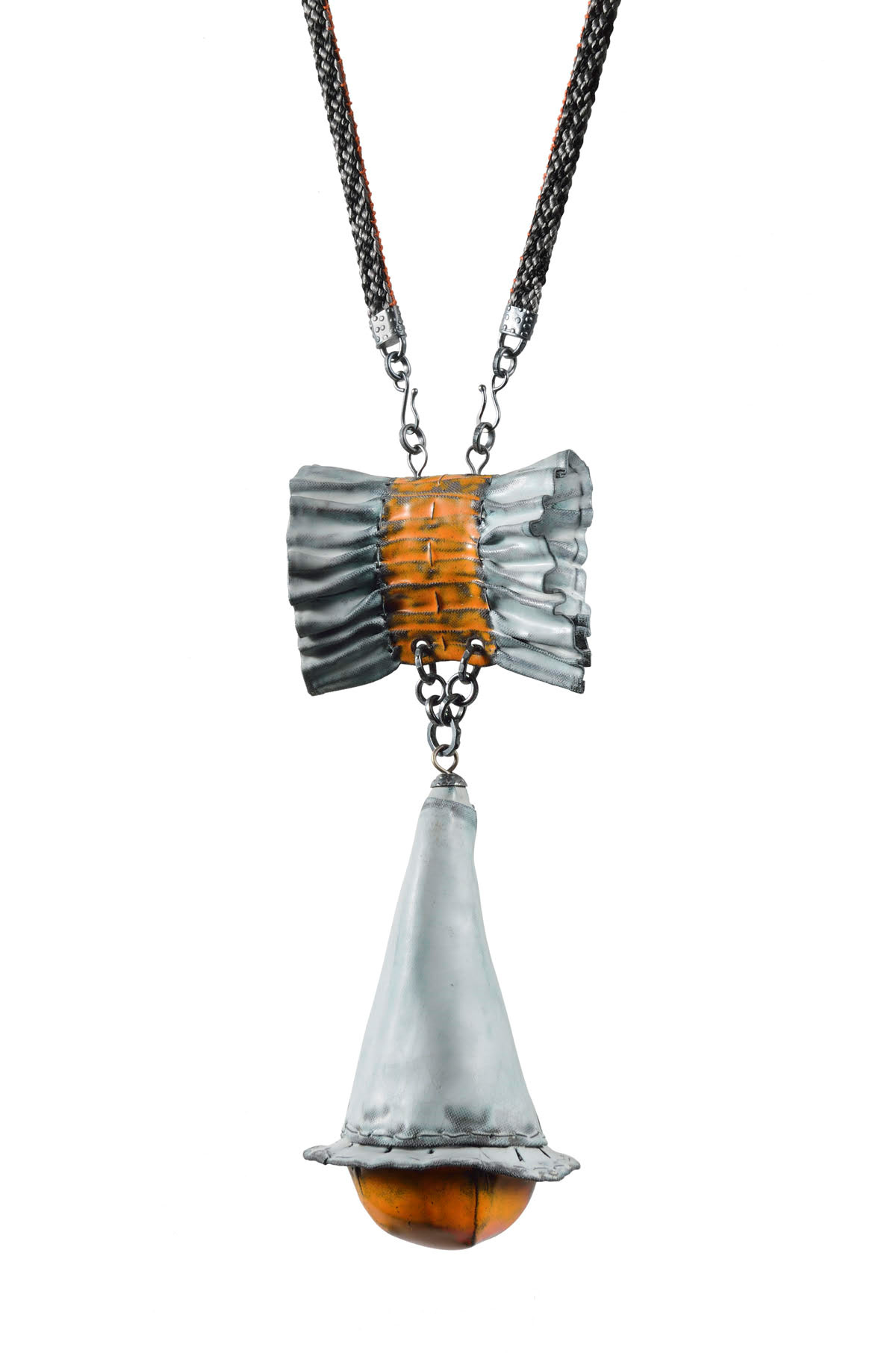 Kathleen Browne, <em>Appendage</em>, Necklace, Copper, vitreous enamel, sterling silver, cotton, 2016, 14” x 5.25” x 2.5” photo courtesy of the artist.