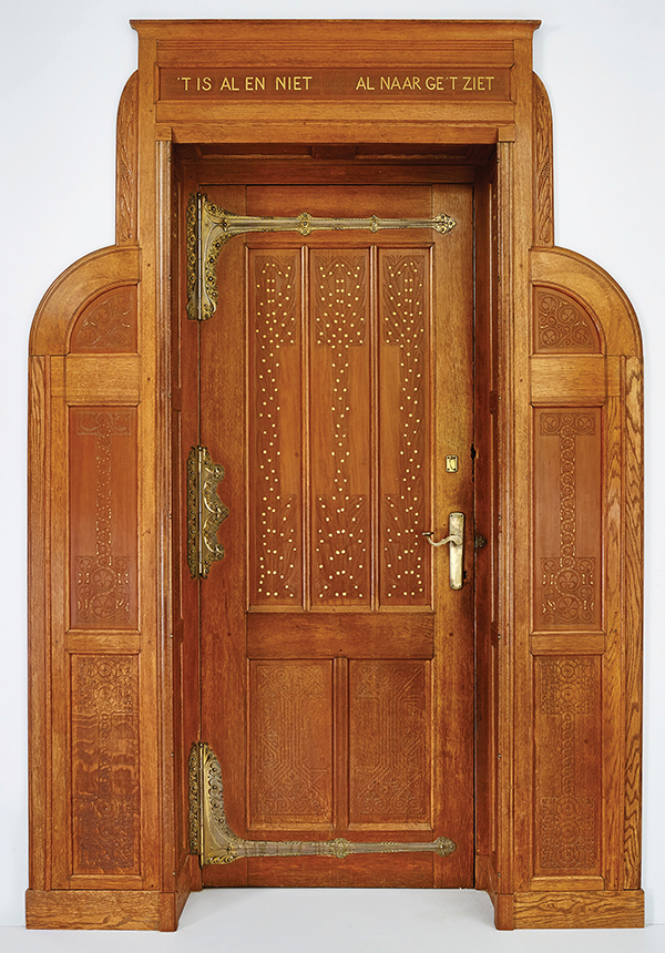 This oak, fruitwood, and brass door with gold painted ornament was designed by Theo Nieuwenhuis c. 1900 for the study of the Ferdinand Kranenburg residence in Amsterdam. | COURTESY OF THE WOLFSONIAN-FIU, MIAMI BEACH, FLORIDA
