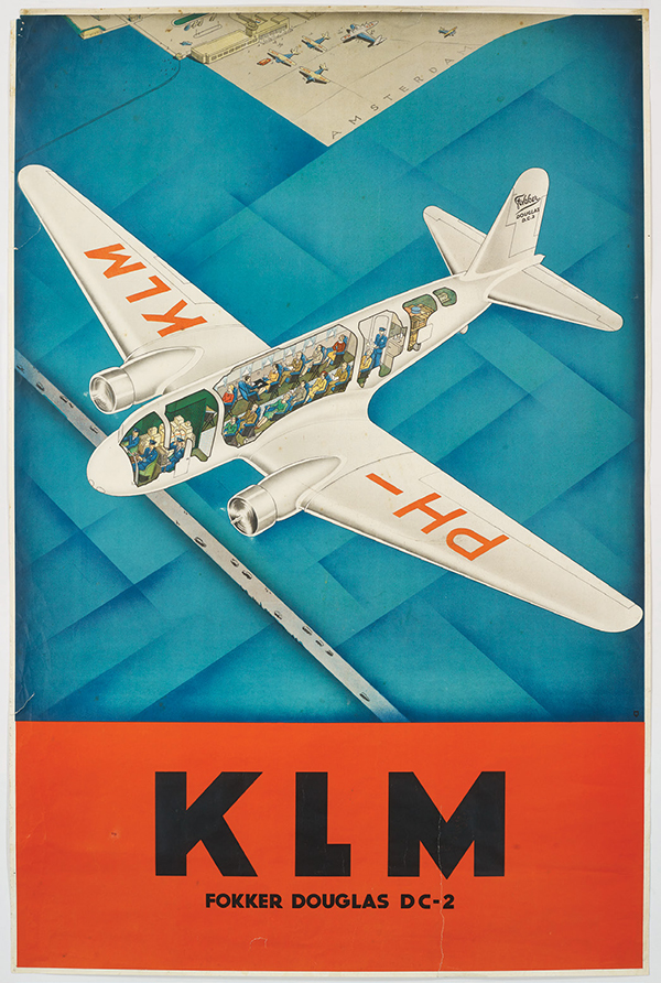 An offset lithograph poster for KLM, c. 1937, features its Fokker Douglas DC-2 airliner. | COURTESY OF THE WOLFSONIAN-FIU, MIAMI BEACH, FLORIDA