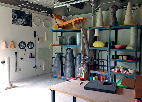 Works in Ruhwald’s studio at Cranbrook trace his career (this image) and his process, including his floor-to-ceiling glaze archive (next image). COURTESY OF THE ARTIST