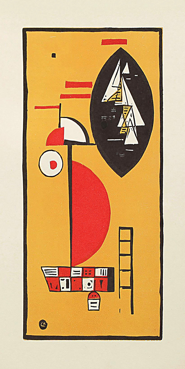 Abstract Composition from Cahiers d’Art (Roethel 193) by Wassily Kandinsky (1866 –1944), 1930. Woodcut, 8 ¾ by 4 ¼ inches. © 2016 Artists Rights Society (ARS), New York. From the Routhier Collection.
