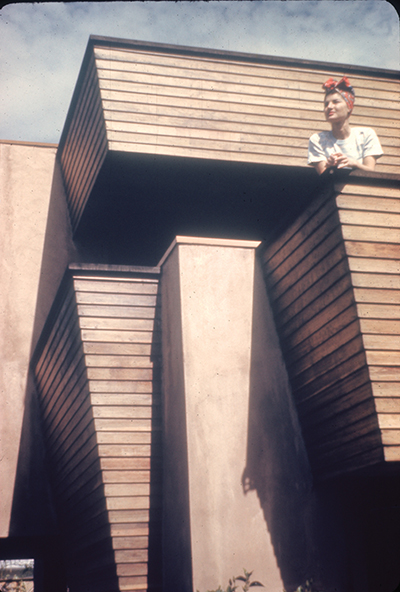 Second-story balcony, Byron Pumphrey house, Santa Monica, designed by Harwell Hamilton Harris, 1939, photographed by Fred Block, no. 410 in the Dr. Block Color Productions Modern Architecture series.