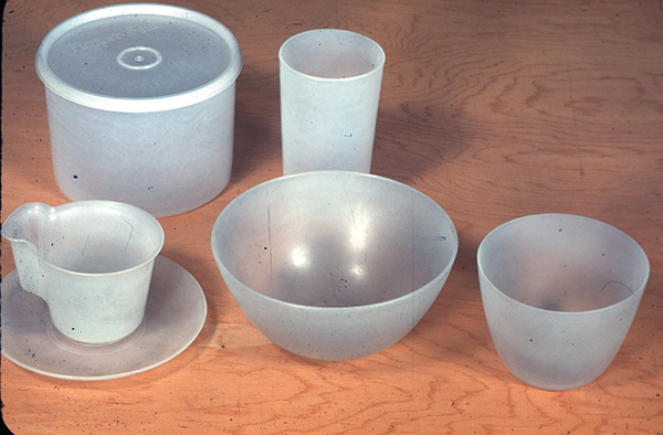 Flexible plastic refrigerator bowls, cup and saucer, and tumbler designed by Earl S. Tupper, 1946, manufactured by Tupper Plastics Incorporated, no. 32 in Modern Industrial Design, Group A, The Industrial Design Collection of the Museum of Modern Art, Plastic Ware.