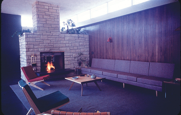 Living room with fireplace of the Hurschler residence, Pasadena, no. 109 in The New Concept of Space— Modern Architecture Series II.