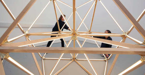 Production shot of a chandelier from the Stickbulb series by Russel Greenberg and Christopher Beardsley, 2012. Courtesy Rux Design