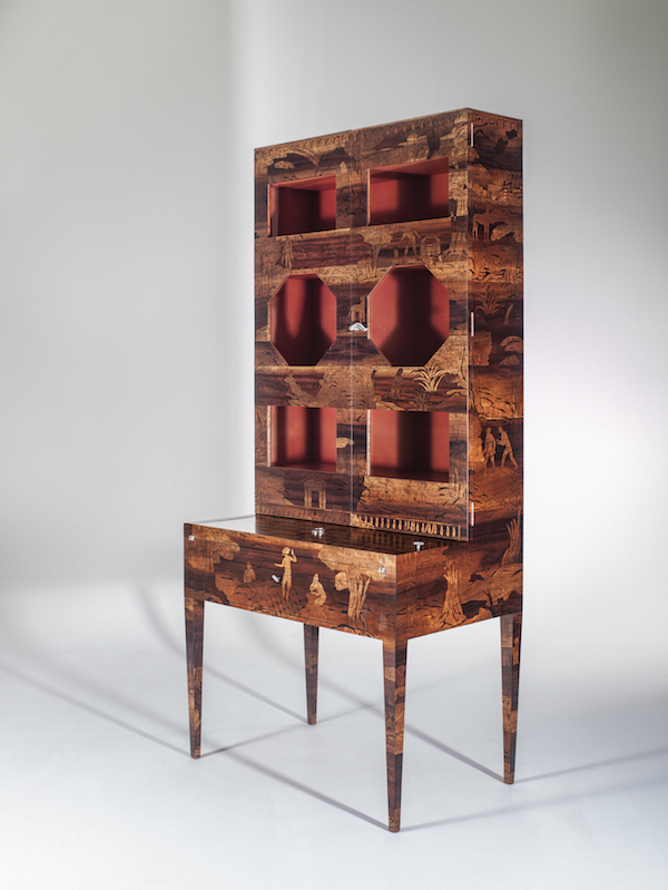 Uno Ahrén, The Garden of Eden, 1925. Cabinet made with a marquetry of Brazil walnut, eucalyptus and tropical olive tree wood. Interior in ebony and coral leather, with handles, keys and hinges in silvered metal. GALERIE ERIC PHILIPPE 