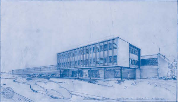 A rendering by Walter Gropius of the Container Corporation of America’s Office Unit and Factory Building, in Greensboro, North Carolina, 1944–1946. HARVARD ART MUSEUMS/BUSCH-REISINGER MUSEUM, GIFT OF WALTER GROPIUS/IMAGING DEPARTMENT PHOTO © PRESIDENT AND FELLOWS OF HARVARD COLLEGE