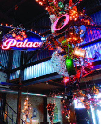 Bahdeebadhu’s Warren Muller created a massive lighting fixture of scrap metal and large found objects for the Prospector Theater in Ridgefield, Connecticut. BAHDEEBADHU
