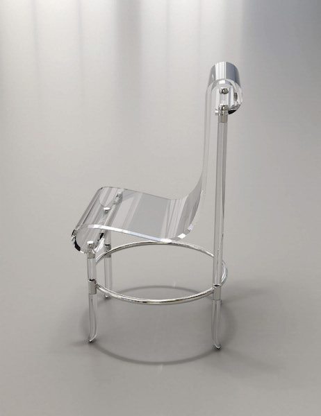 Veronica boudoir chair, Waterfall line, 1979, acrylic and polished nickel over steel.